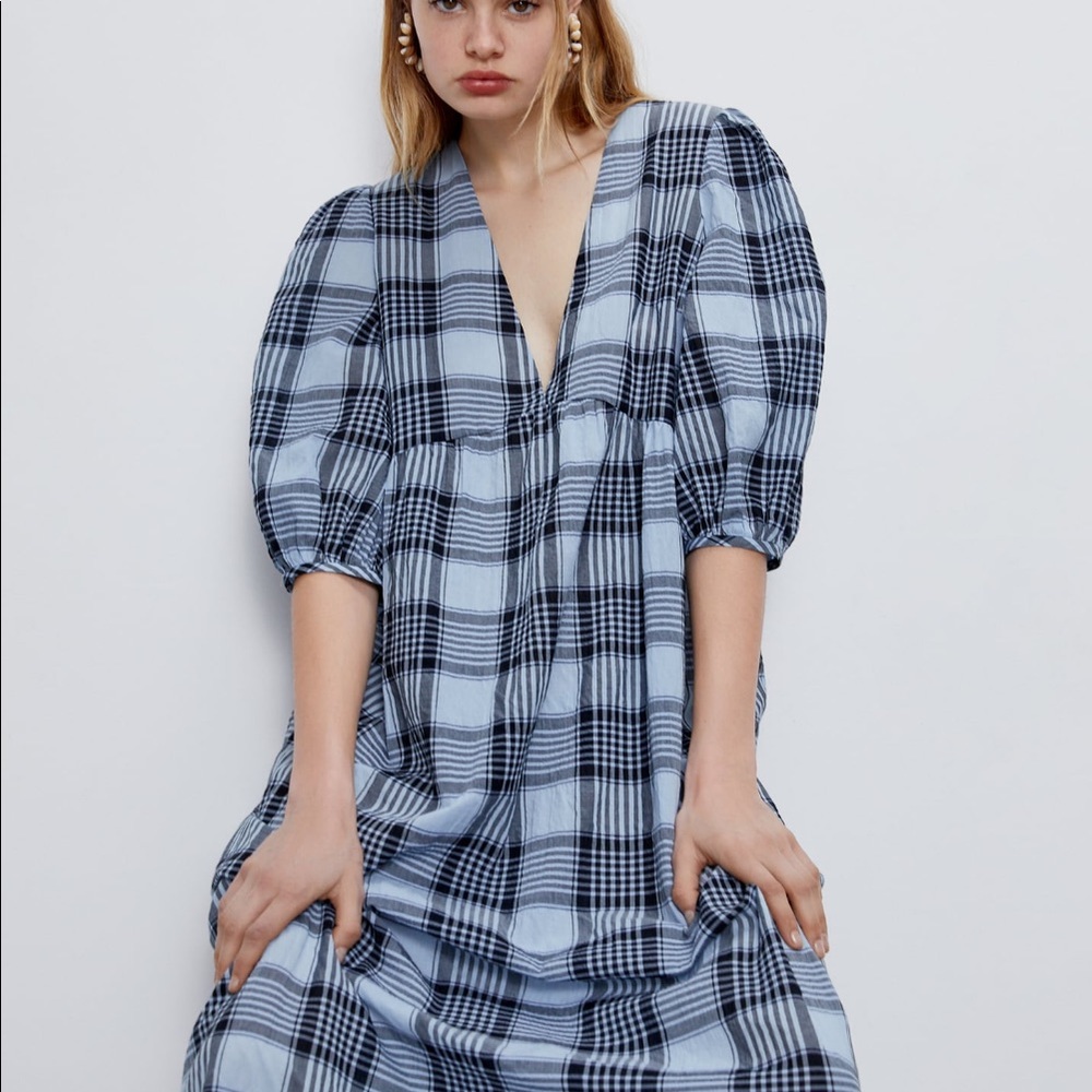 ZARA Blue Plaid V Neck Maxi Dress